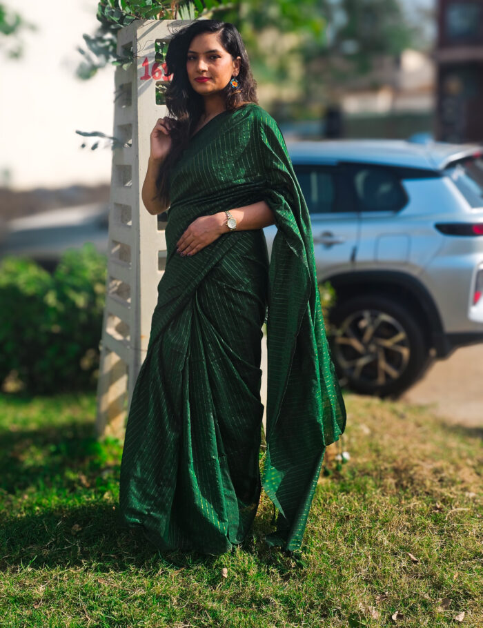 20250309_154828 Soft khadi cotton saree in deep green with zari weave