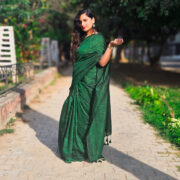 Festive khadi cotton saree “Hari Lakeer” with zari stripes