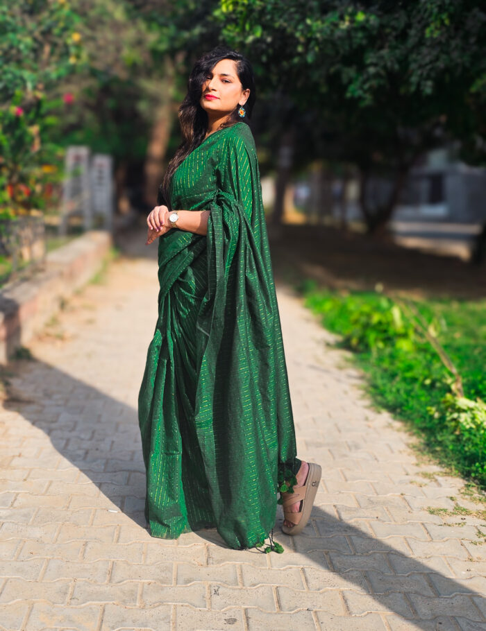 20250309_154938 Traditional khadi cotton saree in green with zari pattern