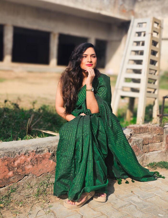 20250309_155012 Green khadi cotton saree with gold zari lines