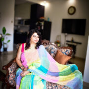 Linen saree in pastel tones with gold zari finish