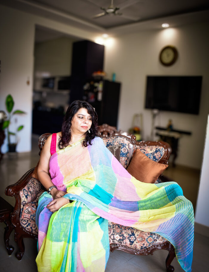 DSC_0004 Linen saree in pastel tones with gold zari finish
