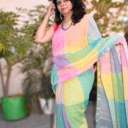 Pastel linen saree with zari border