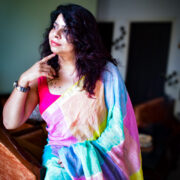 Pastel linen saree “Shatranj” with zari trim