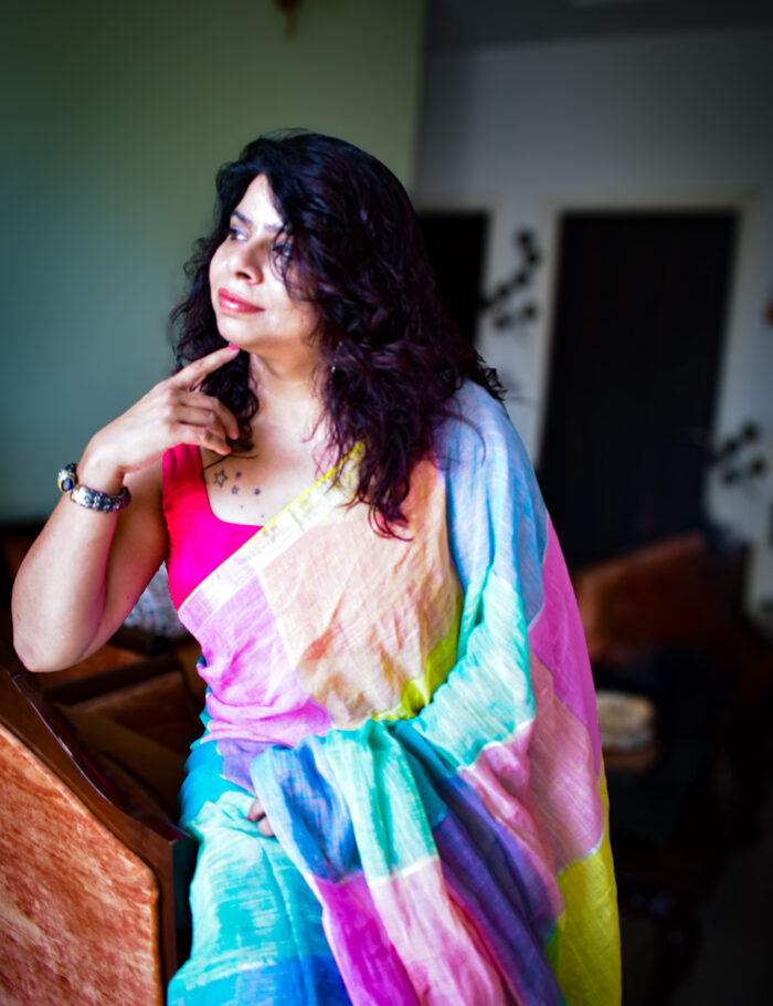 DSC_0020 Pastel linen saree “Shatranj” with zari trim
