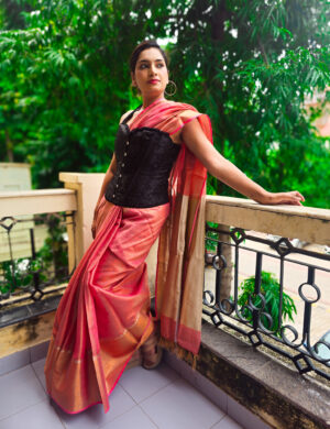 Shining Mars linen saree gold zari work