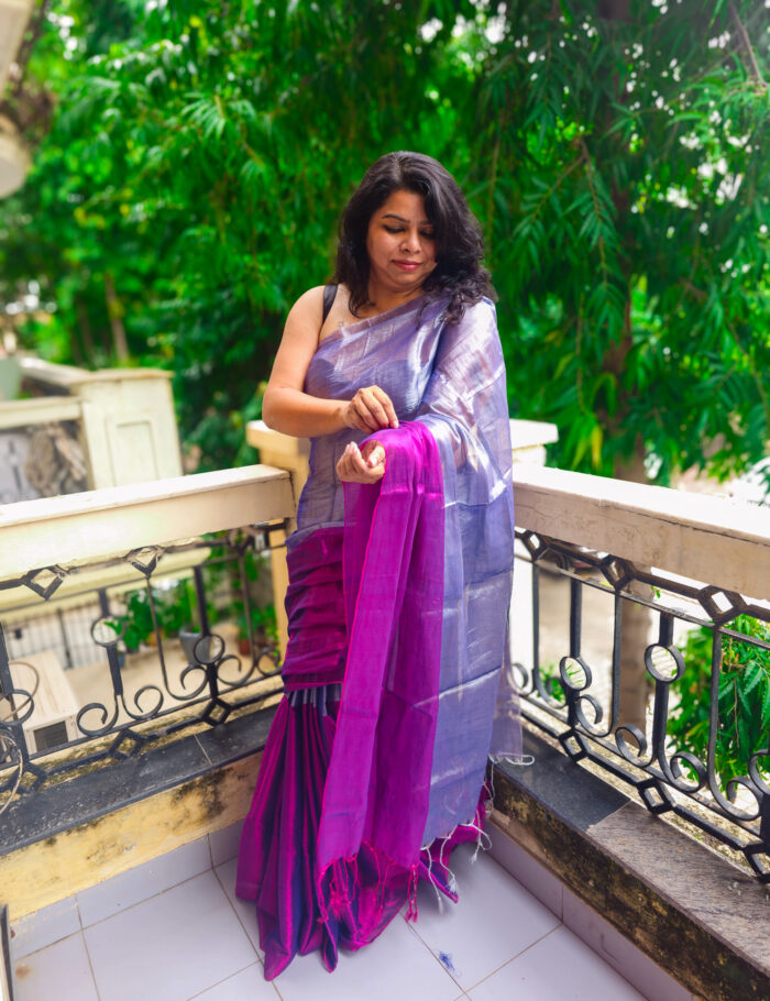 Silver tissue pallu with pink drape