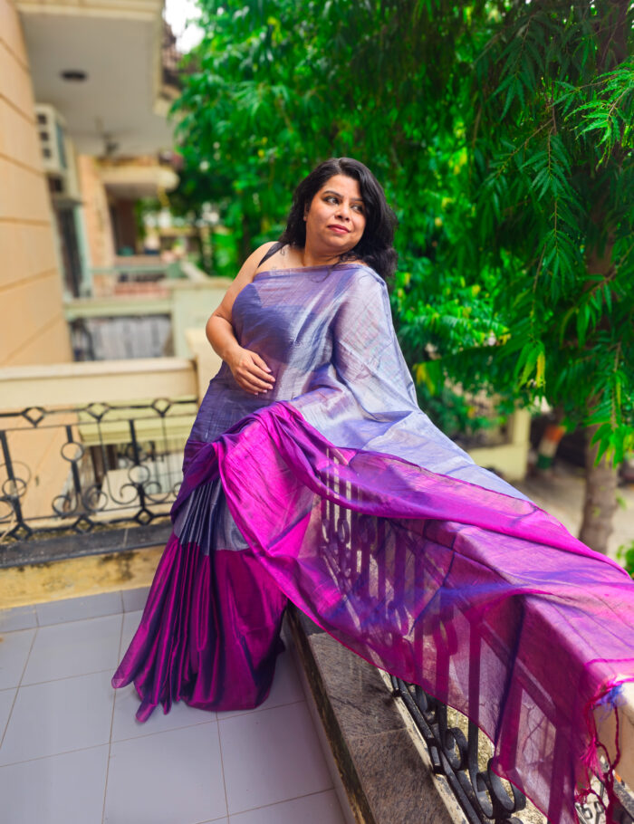 Pink and silver tissue silk saree