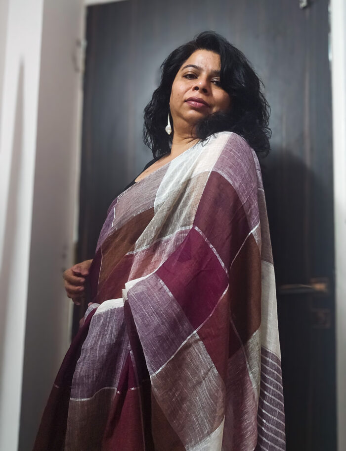 Brown Shatranj Linen Zari Saree