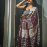 Light brown linen saree with zari checks
