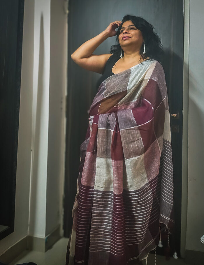 Light brown linen saree with zari checks