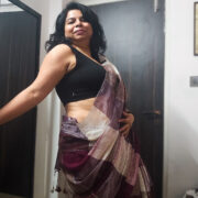 Brown shatranj linen saree for festive wear