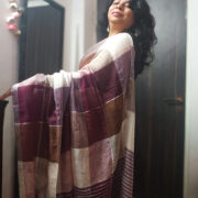 Elegant brown linen zari saree with geometric weave