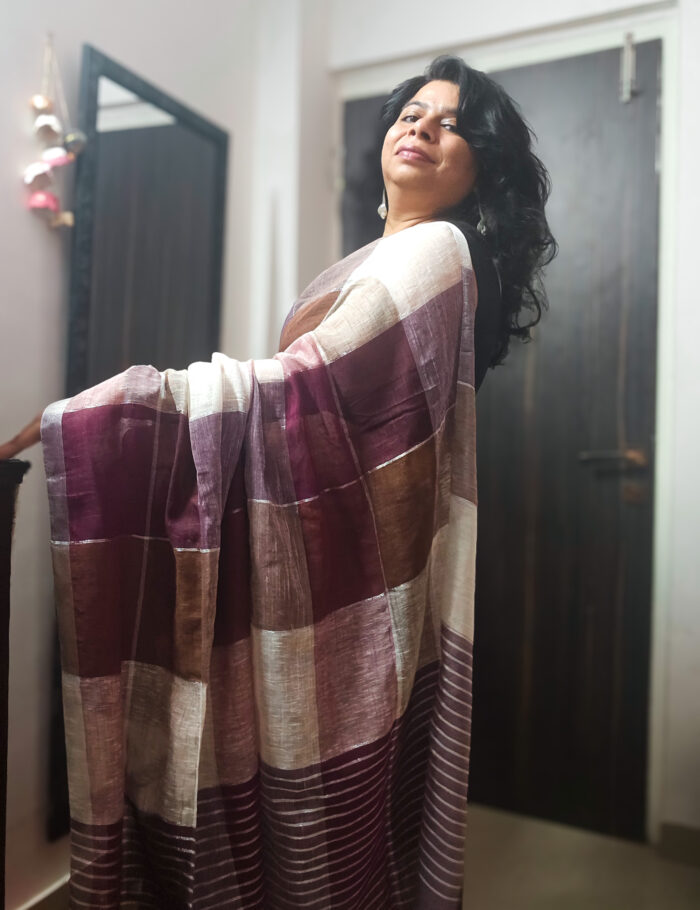 Elegant brown linen zari saree with geometric weave