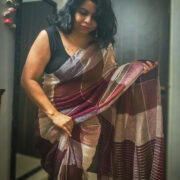 Brown shatranj linen saree with zari border