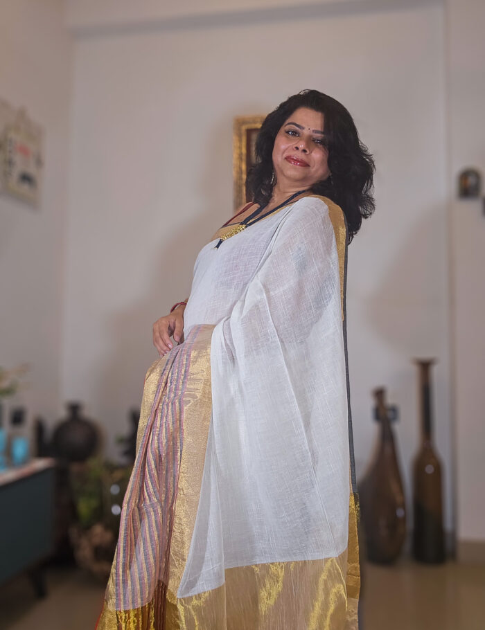 20250811_203529 Mogra linen drape with gold zari detailing