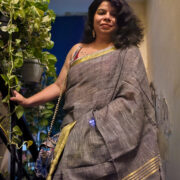 Linen saree in pastel saleti colour with fine zari border