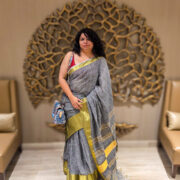Saleti linen saree styled in a modern drape, zari accent