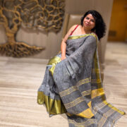 Handwoven saleti linen saree detailed with zari border
