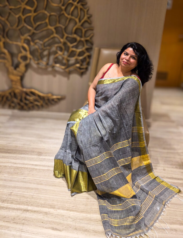 20250820_205722 Handwoven saleti linen saree detailed with zari border