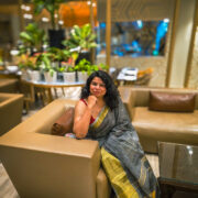 Saleti khwab (grey-pink) linen saree with gold zari border