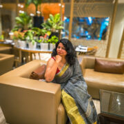 Woman wearing saleti khwab linen saree with zari border