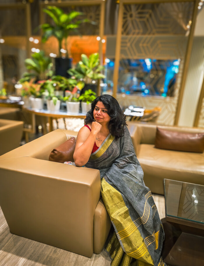 20250820_205834 Woman wearing saleti khwab linen saree with zari border