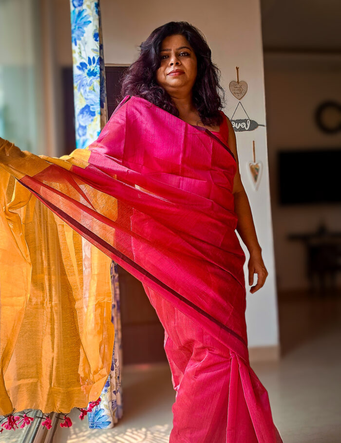 Gulkand cotton silk saree in pink and yellow