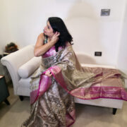 Ragini Golden Banarasi Silk Saree with Pink Zari Border