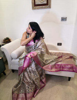 Ragini Golden Banarasi Silk Saree with Pink Zari Border