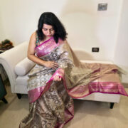 Banarasi golden saree with pink trim
