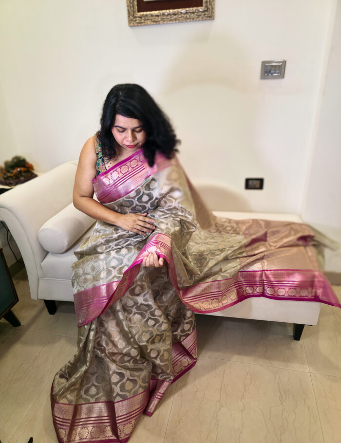 20250917_220533 Banarasi golden saree with pink trim