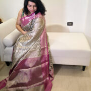 Golden silk saree with pink zari border