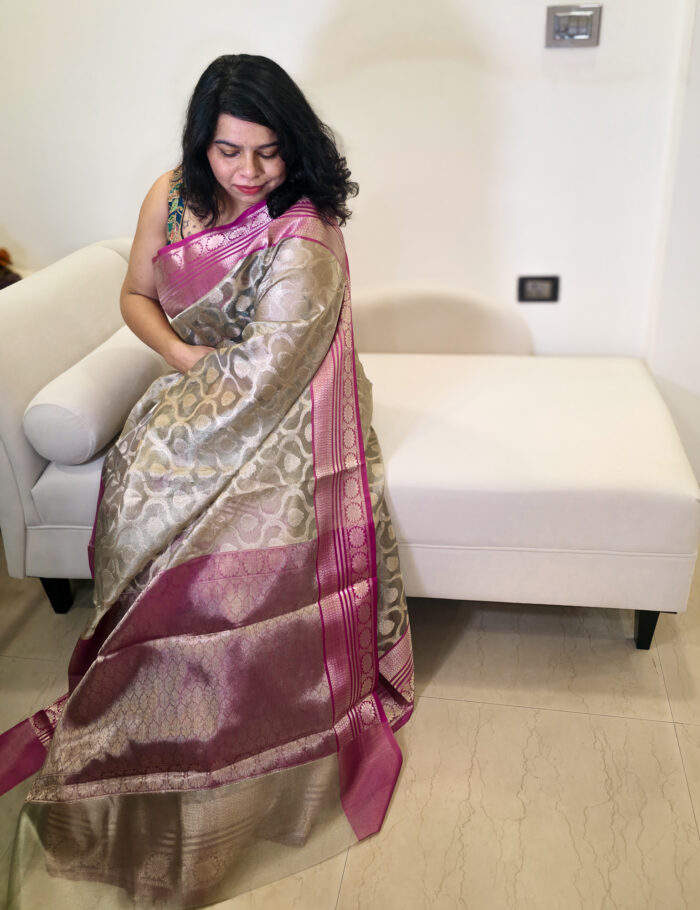 20250917_220538 Golden silk saree with pink zari border