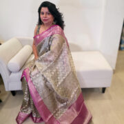 Ragini golden Banarasi saree pink border