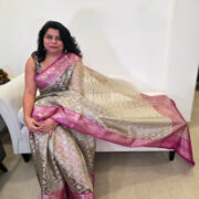Ragini golden Banarasi silk saree with pink zari border
