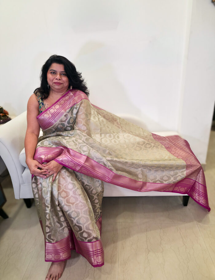 20250917_220711 Ragini golden Banarasi silk saree with pink zari border