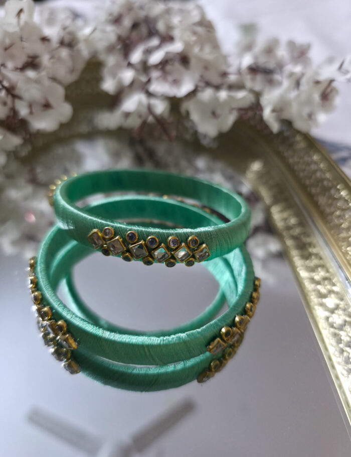 Mint green silk-thread kundan bangle pair
