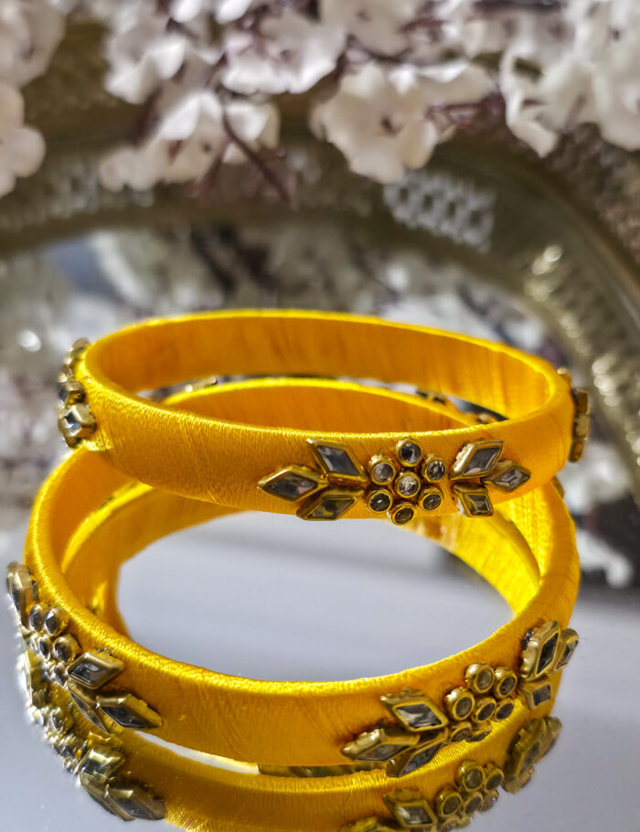 20250923_203917 Yellow handcrafted silk bangles with kundan design