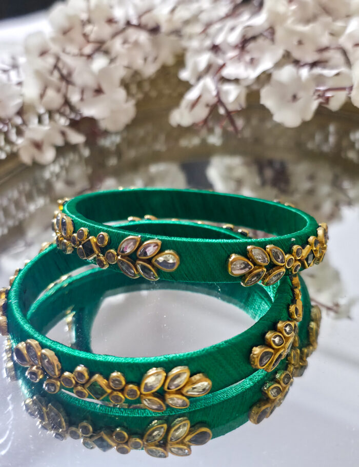 20250923_204035 Handcrafted kundan bangles in leafy green silk thread