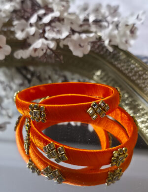 Orange Silk Thread Kundan Bangles