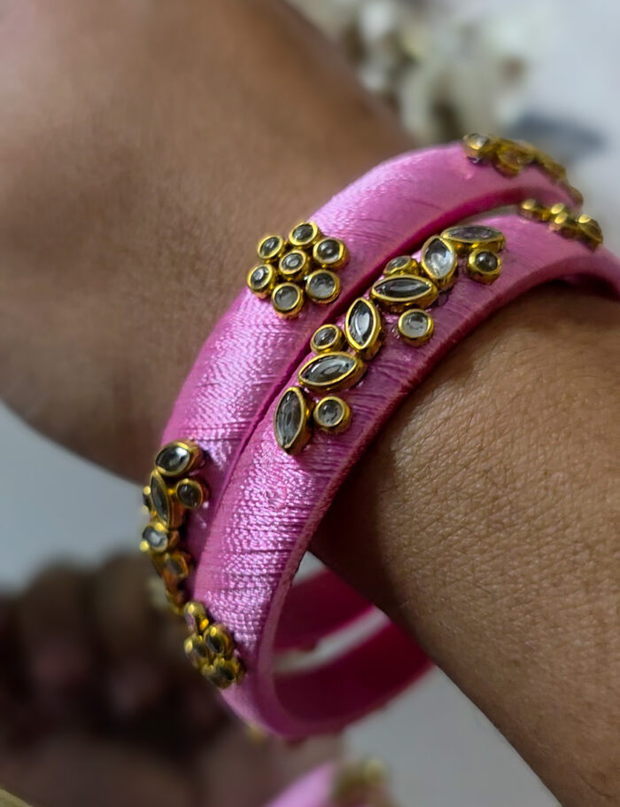 Light Pink Silk Thread Kundan Bangles