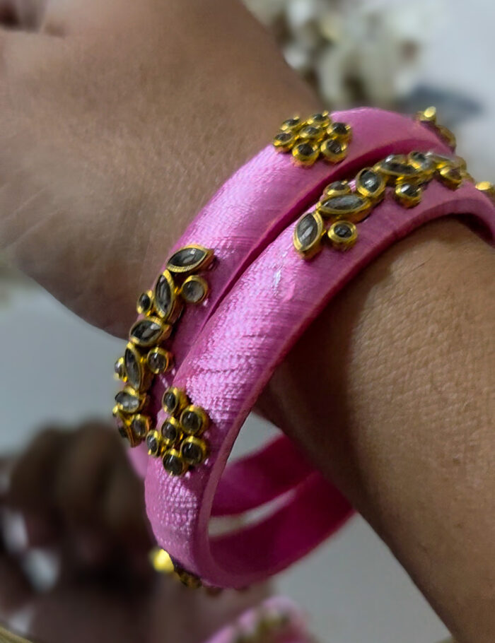 Soft pink silk thread kundan bangles duo
