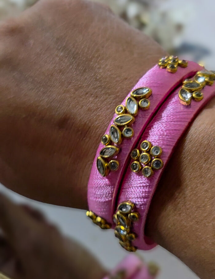 Light baby-pink silk kundan bangle set