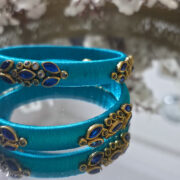 Traditional sky blue silk-thread kundan bangle duo