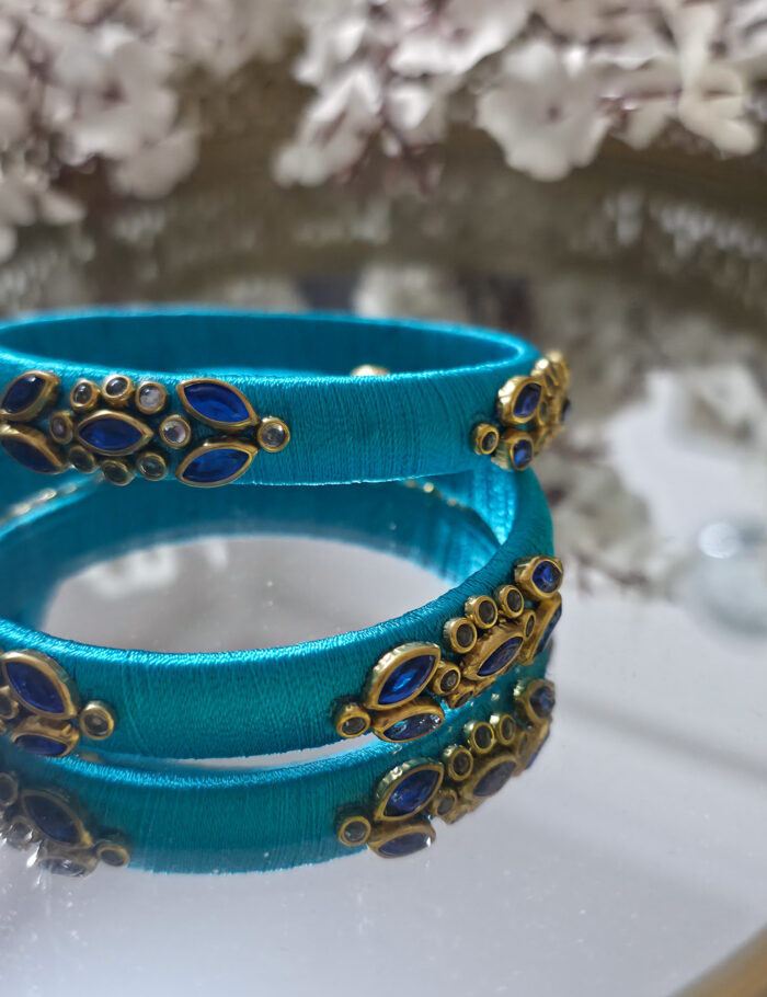 Traditional sky blue silk-thread kundan bangle duo