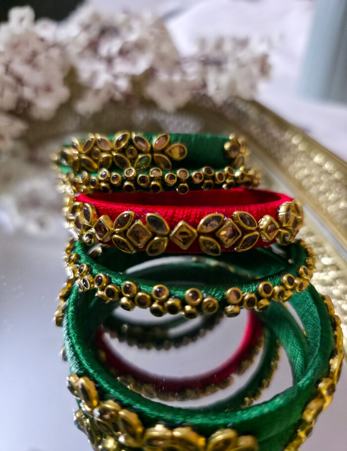 20250923_210236 Silk thread kundan bangles in green and red