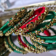 Green-Red Silk Thread Kundan Bangle Set