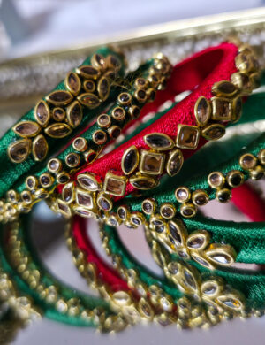 Green-Red Silk Thread Kundan Bangle Set