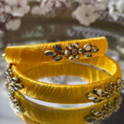 Pair of yellow silk-thread bangles with kundan work